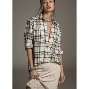 Women's Anthropologie Plaid Button Down Shirt Plus Size 14 White Black